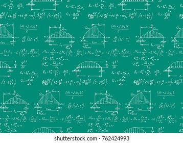 Physics seamless pattern with the equations, figures, outlines, plots and other calculations on school board. Retro handwritten vector Illustration.