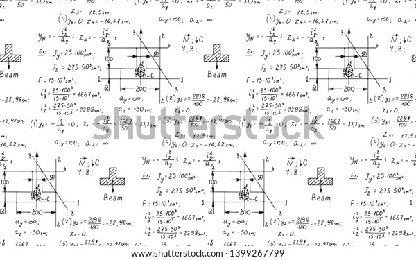 Physics seamless pattern with the\
equations, figures, schemes, formulas and other calculations on\
whiteboard. Retro scientific handwritten vector\
Illustration.