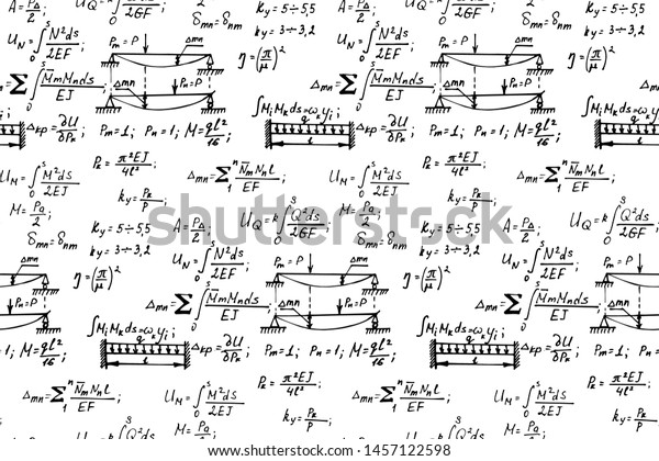 Physics seamless pattern
with the equations, figures, schemes, formulas and other
calculations on whiteboard. Retro scientific and educational
handwritten vector
Illustration.