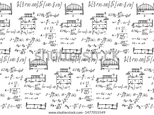 Physics seamless pattern\
with the equations, figures, schemes, formulas and other\
calculations on whiteboard. Retro scientific and educational\
handwritten vector\
background.