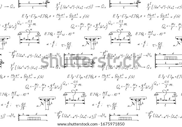 Physics seamless pattern\
with the equations, figures, schemes, formulas and other\
calculations on whiteboard. Retro scientific and educational\
handwritten vector\
Illustration.