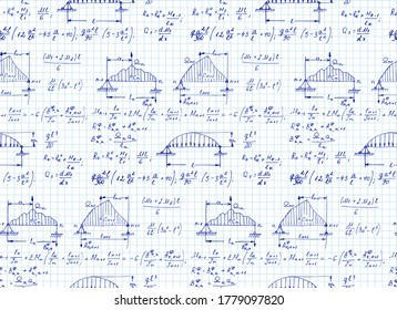 Physics seamless pattern with the equations, outlines, schemes, formulas and other calculations on notebook page. Vintage scientific and education  handwritten vector Illustration.