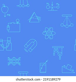 Physics Seamless Pattern In Line Style. Scientific Symbols On Repeatable Background. Vector Illustration