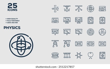 Conjunto de física de 25 ícones de contorno relacionados à Fitness. Coleção de ícones linear. Traçado editável. Ilustração vetorial