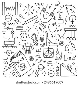 Physics set of doodle elements. Vector, isolated