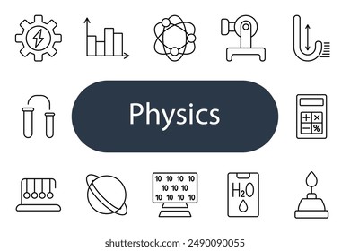 Physics set icon. Atom, graph, gear, formula, beaker, magnet, calculator, planet, pendulum, test tube, light, molecule, Newtons cradle, reaction, research.