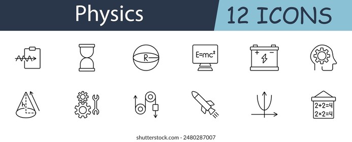 Symbol "Physiksatz". Stromkreis, Sanduhr, Kugel, Gleichung, Batterie, Gehirn, Kegelschnitt, Zahnräder, Riemenscheibe, Rakete, Vektorgrafik, Formel. Wissenschaft. Symbol für Vektorgrafik auf weißem Hintergrund.