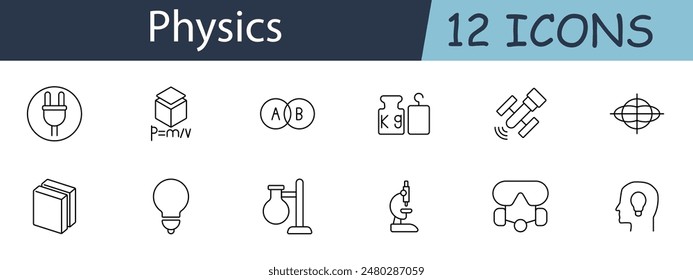 Physics set icon. Includes formulas, lab equipment, and scientific tools symbols. Suitable for education, research, and science concepts. Vector line icon on white background.