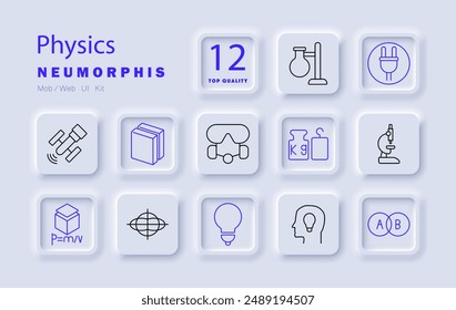 Physics set icon. Microscope, telescope, lab equipment, measurement tools, formula, experiment, physics concepts, light bulb, weight, scientific research, molecules, science