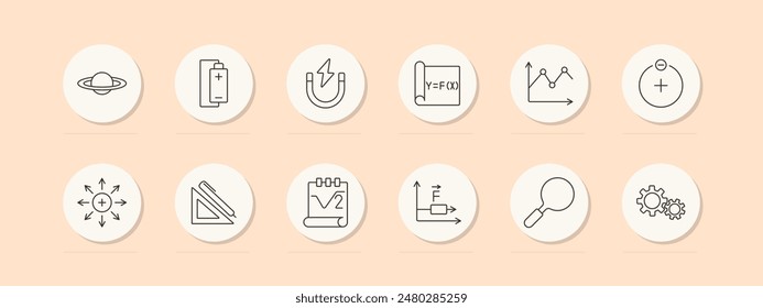 Physics set icon. Planet, battery, magnet, formula, graph, stopwatch, arrows, ruler, diagram, analysis, gears. Physics, education concept. Vector line icon on peach background.