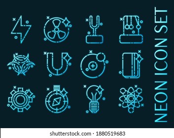 Physics set icons. Blue glowing neon style.