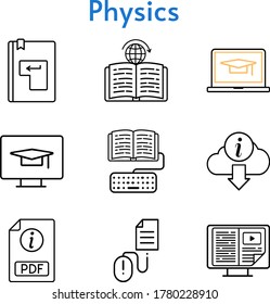 physics set. included student, laptop, e-book, homework, learning, information, enter, student, desktop, click icons. linear styles.