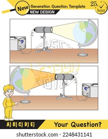 Physics, shadow experiments, optics, shadow formation with light sources from different angles, for teachers, editable, next generation question template, eps