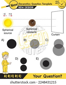 Physics, shadow experiments, optics, shadow formation with light sources from different angles, for teachers, editable, next generation question template, eps