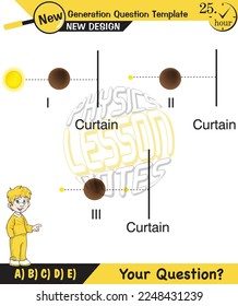 Physics, shadow experiments, optics, shadow formation with light sources from different angles, for teachers, editable, next generation question template, eps