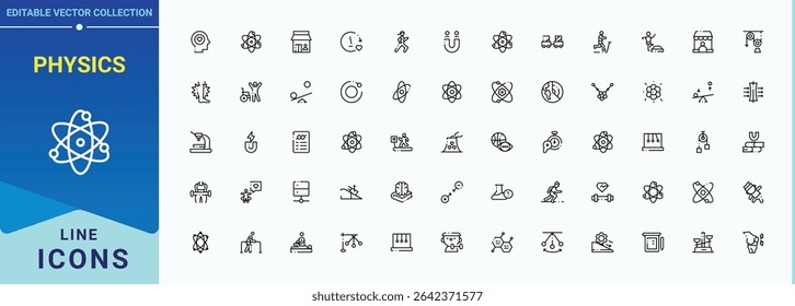 Physics simple icon set. Scientific perfect for logos and infographic. Modern vector UI icons. Science vector line icon set. Editable stroke collections.
