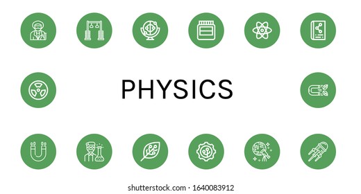 physics simple icons set. Contains such icons as Scientist, Pulley, Momentum, Hormones, Atom, Scientific, Magnet, Chemist, Experimentation, can be used for web, mobile and logo