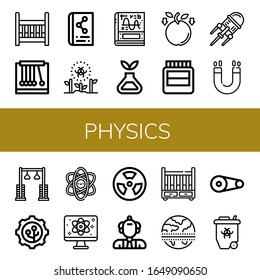physics simple icons set. Contains such icons as Cradle, Pendulum, Scientific, Radioactive, Calculus, Science, Gravity, Hormones, Nanotechnology, can be used for web, mobile and logo