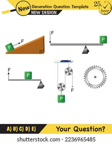 Physics, simple machines, inclined plane, spinning wheel, pulleys, next generation question template, dumb physics figures, exam question, eps 