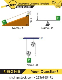 Physics, simple machines, inclined plane, spinning wheel, pulleys, next generation question template, dumb physics figures, exam question, eps 