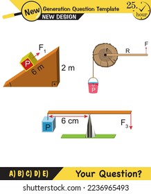 Physics, simple machines, inclined plane, spinning wheel, pulleys, next generation question template, dumb physics figures, exam question, eps 