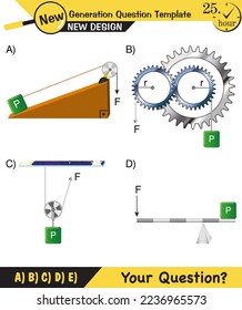 Physics, simple machines, inclined plane, spinning wheel, pulleys, next generation question template, dumb physics figures, exam question, eps 