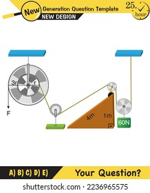 Physics, simple machines, inclined plane, spinning wheel, pulleys, next generation question template, dumb physics figures, exam question, eps 