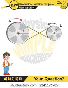 Physics, Simple machines, pulleys, gears, next generation question template, dumb physics figures, exam question, eps