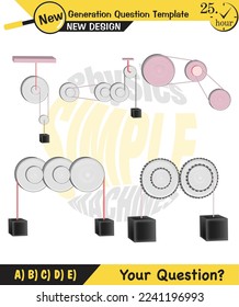 Physics, Simple machines, pulleys, gears, next generation question template, dumb physics figures, exam question, eps
