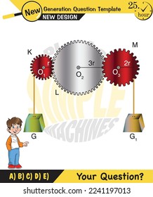 Physics, Simple machines, pulleys, gears, next generation question template, dumb physics figures, exam question, eps