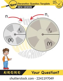 Physics, Simple machines, pulleys, gears, next generation question template, dumb physics figures, exam question, eps