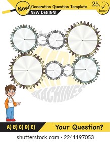 Physics, Simple machines, pulleys, gears, next generation question template, dumb physics figures, exam question, eps - Shutterstock ID 2241197053