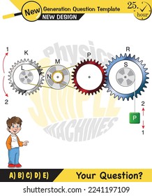 Physics, Simple machines, pulleys, gears, next generation question template, dumb physics figures, exam question, eps