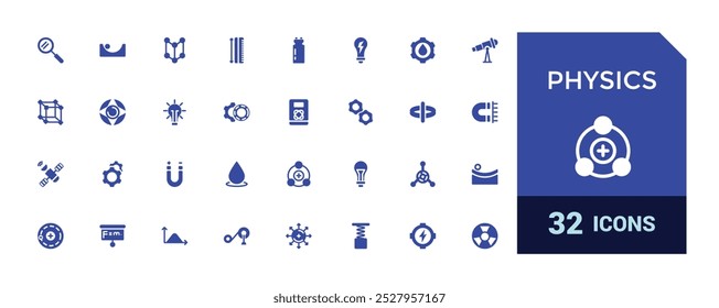 Ícones sólidos de Física definidos. Relacione-se com átomo, cérebro e muito mais, coleção de ícones preenchidos, símbolo de Glifo para web e ui. Editável e com pixel perfeito, ilustração Vetor.