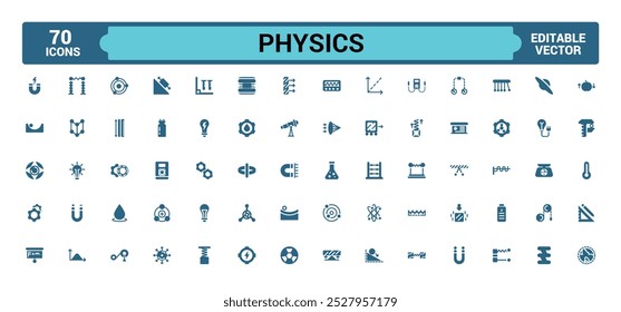 Ícones sólidos de Física definidos. Relacione-se com átomo, cérebro e muito mais, coleção de ícones preenchidos, símbolo de Glifo para web e ui. Editável e com pixel perfeito, ilustração Vetor.