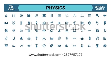 Physics solid icons set. Relatate to atom, brain and more, Filled icon collection, Glyph symbol for web and ui. Editable and pixel perfect, Vector illustration.