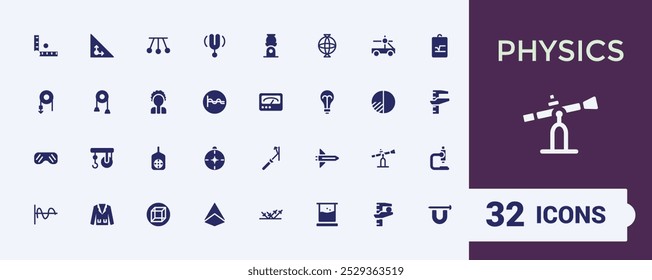 Physics solid icons set. Related to spaceship, microscope, satellite, laboratory, scientist, globe and more. Glyph filled icons collection. Vector illustration.