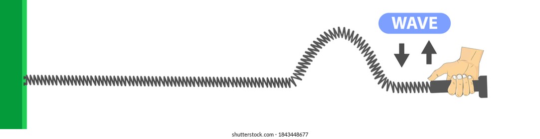 physics. spring stretched. transverse waves. longitudinal. The difference between throwing and periodic wave formation. longitudinal wave generation. periodically generated transverse waves. infograph