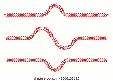 Física, primavera, onda, vibración. Un resorte ideal que es lo suficientemente largo y tenso. La Imagen y dirección del viaje de una onda transversal. La dirección de la vibración de las ondas.