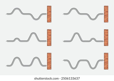 Physics, spring, wave, vibration. An ideal spring that is sufficiently long and taut. The image and direction of travel of a transverse wave. The direction of vibration of waves.