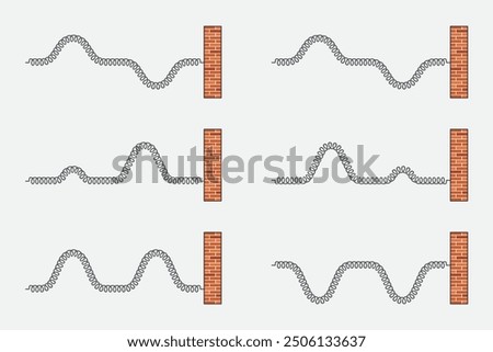 Physics, spring, wave, vibration. An ideal spring that is sufficiently long and taut. The image and direction of travel of a transverse wave. The direction of vibration of waves.