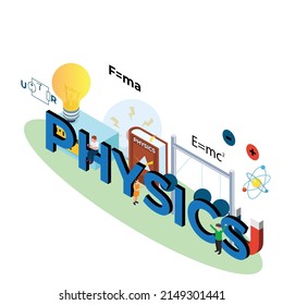 Physics - Students explore electricity, magnetism, light wave and forces isometric 3d vector illustration concept