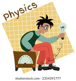 Physics teacher conducts an experiment with an electric current. Physics lesson at school or university. Flat vector illustration.