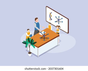 Physics teacher explaining molecule model to students in the laboratory. isometric vector concept