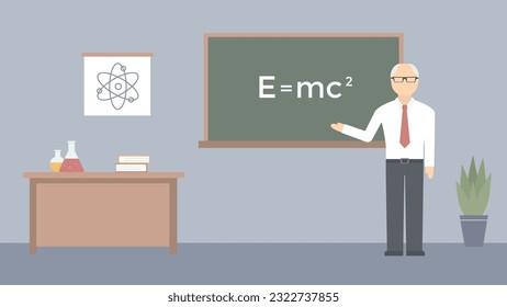 The physics teacher is standing at the board in the classroom. Lecture in a school or college.  
