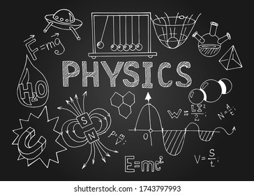 Physics theme.  Retro education and scientific background. Scientific knowledge, formulas. Vector hand-drawn illustration on blackboard.