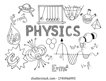 Physik-Thema.  Retro-Ausbildung und wissenschaftlicher Hintergrund. Wissenschaftliches Wissen, Formeln. Vector handgezeichnete Abbildung auf Whiteboard.
