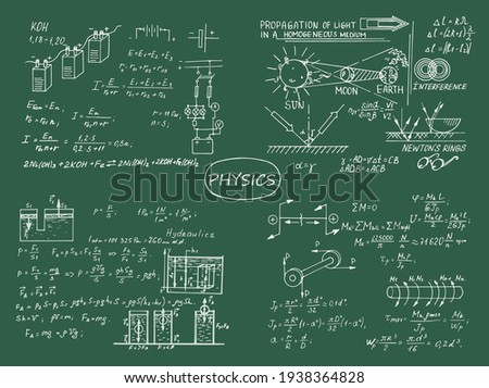 Physics theme.  Retro education and scientific background. Scientific knowledge, formulas. Vector hand-drawn illustration on blackboard.