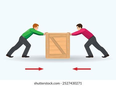 Physics thrust and movement. Newton's Laws and Practices. Principle of Inertia. Action-Response Principle. The acceleration of the object and the applied force. Box Push-Force, Power, Visual, Experime