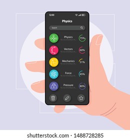 Physics tutorial smartphone interface vector template. Mobile app page black design layout. Educational material screen. Flat UI for application. Hand holding phone with physical categories on display